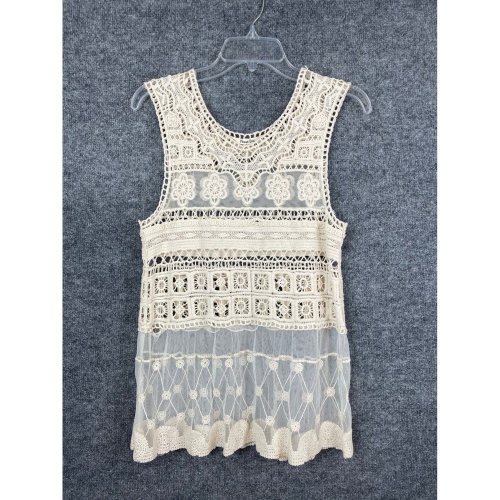 Phase One Crochet‎ Mesh Tank Top Women S Cream Excellent Sleeveless Boho Lace